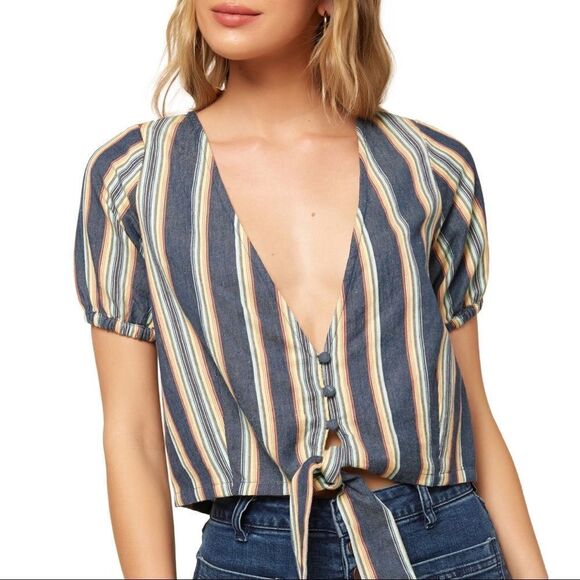O’Neill Kaylee Tie Hem Top In Blue Stripe V-Neck Short Sleeve Beach Cropped - Picture 1 of 6